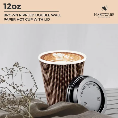 Miniatura 3 de Paquete de 100 tazas de café desechables de 12 onzas, taza de papel de doble pared con tapa con ondulación aislada, diseño geométrico marrón, té