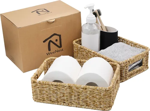 Cestas para organizar, mimbre pequeño, cubos de almacenamiento para baño y rollos de papel higiénico, cubierta de tanque tejida a mano con asa,