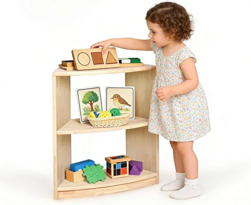 Miniatura 5 de Estante de almacenamiento Montessori curvado de 3 niveles - Organizador infantil para juguetes, libros y suministros de arte, muebles de gabinete