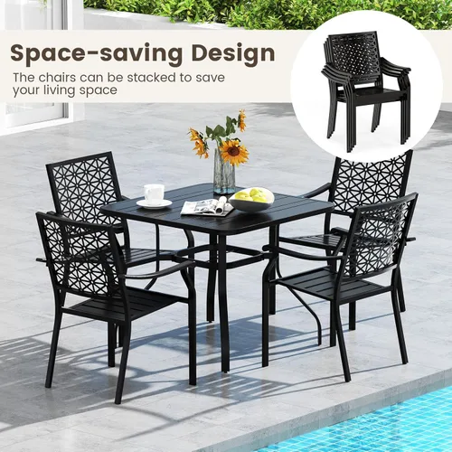 Miniatura 4 de Giantex Juego de 2 sillas apilables de comedor para patio, sillas de metal apilables para exteriores con reposabrazos, marco de acero reforzado