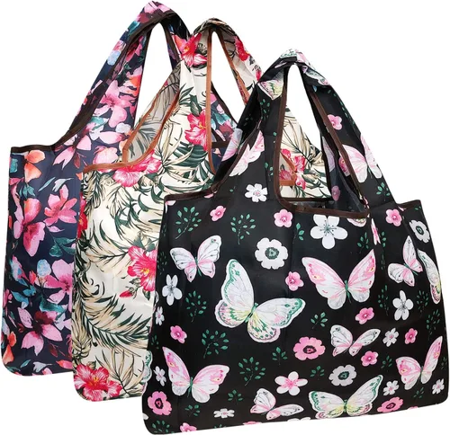 Miniatura 22 de alldyrew - Bolsa plegable para compras, reutilizable de nailon grande, 3 unidades Deliciosos alimentos