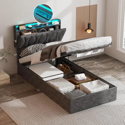 Miniatura 10 de Fameill Marco de Cama Twin con Almacenamiento Elevable, Cabecera Ajustable, Estación de Carga, Luces LED, Listones de Madera, Sin Ruido, No Requiere