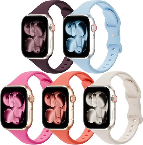 Miniatura 13 de Paquete de 5 bandas de silicona delgadas compatibles con Apple Watch de 38mm 42mm 40mm 44mm 41mm 45mm 46mm 49mm, correa deportiva estrecha y delgada
