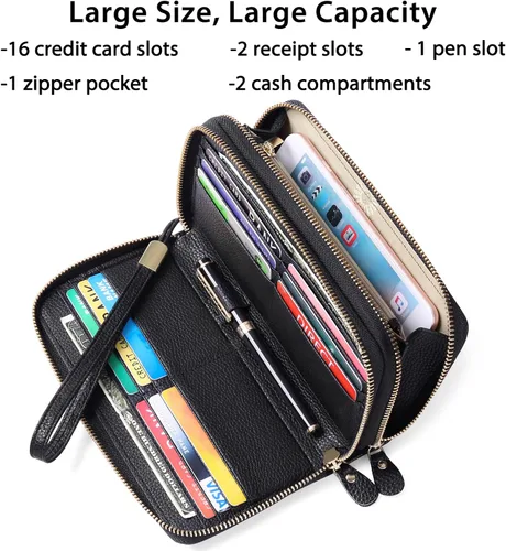 Miniatura 2 de SENDEFN Cartera grande de cuero con bloqueo RFID y cremallera alrededor para mujer, tarjetero de crédito con bolsillo con cremallera, Doble