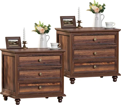 Miniatura 18 de Joaxswe Mesita de noche estilo granja con estación de carga, mesa auxiliar de 61 cm de ancho con 2 cajones, cómoda natural para dormitorio, cómoda