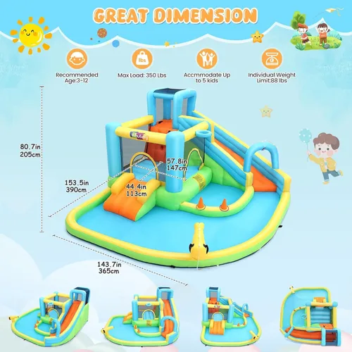 Miniatura 5 de Whubefy Tobogán acuático inflable de casa de rebote, parque acuático de 14.1 x 11.8 x 6.8 pies para niños, casa de salto todo en 1 con toboganes