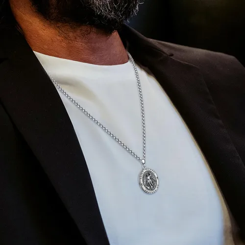 Miniatura 3 de ADMETUS Collar de plata de ley 925 con diseño de santo patrón, collar de amuleto, joyería de cruz para hombre con cadena Rolo de 0.098 in, 22