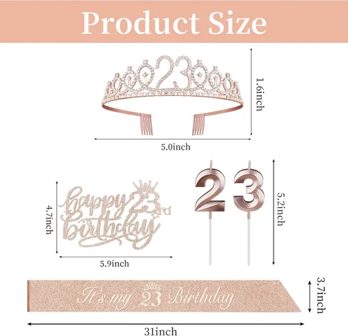 Miniatura 7 de Decoraciones de cumpleaños número 23 para mujeres, incluyendo banda y tiara, decoración de pastel y velas, regalos de cumpleaños 23 para mujeres