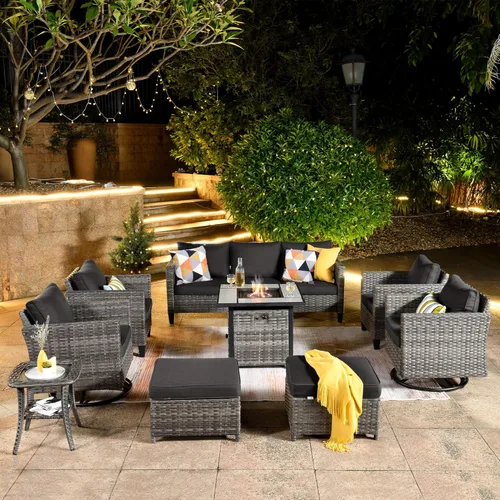 Miniatura 16 de ovios Juego de muebles de patio de 7 piezas con mesa cuadrada para hoguera, sillas mecedoras giratorias, juego de conversación de mimbre de respaldo