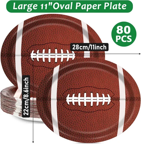 Miniatura 2 de 80 platos de papel ovalados de fútbol grandes de 11 pulgadas desechables de rugby americano, platos deportivos de rugby americano, para retoque