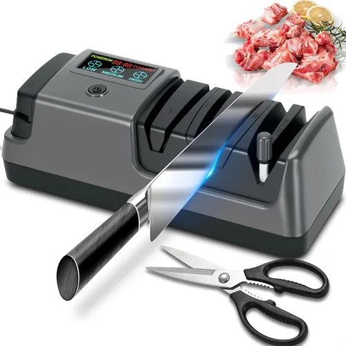 Afilador de cuchillos eléctrico 5 en 1 con pantalla LCD, 3 velocidades de rotación ajustables, 100% abrasivos de diamante, afilador de cuchillos