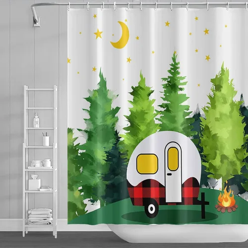 Miniatura 9 de Cortina de ducha Happy Camper de 48 x 72 pulgadas, diseño de caricaturas, remolque, hoguera, aventura al aire libre, cortina de baño para decoración