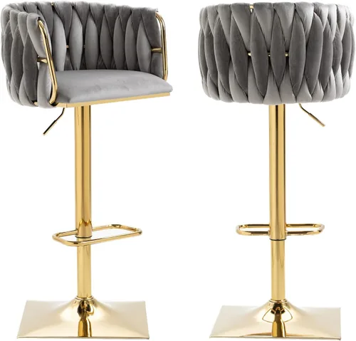Miniatura 13 de Juego de 2 taburetes de bar giratorios de terciopelo, taburetes de bar ajustables y cómodos, silla de comedor moderna con respaldo tejido, taburetes