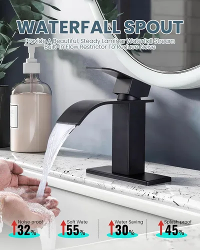 Miniatura 5 de ARCORA Grifo de baño en cascada negro mate para lavabo de baño, grifo mezclador de una sola manija, grifo de tocador lavatorio con placa de cubierta