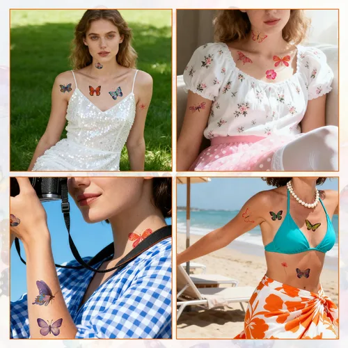 Miniatura 6 de 100 tatuajes temporales de mariposa, coloridas flores de mariposa pequeñas, calcomanías de tatuaje, impermeables, lindos tatuajes pequeños