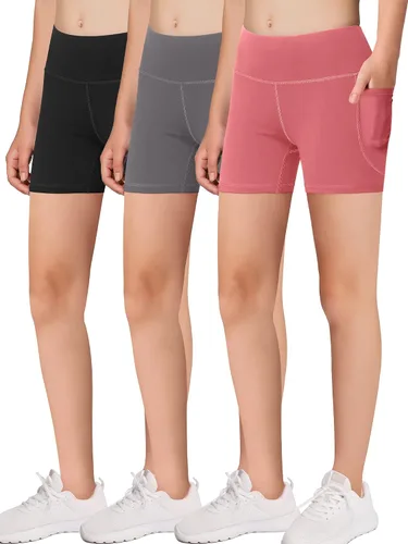 MIRITY Pantalones cortos atléticos de ciclista para niñas con bolsillos, para voleibol, fútbol, baile, yoga, correr, bicicleta (paquete de 3)