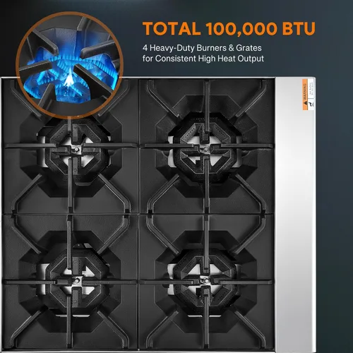 Miniatura 4 de WILPREP Cocina de gas para encimera, estufa de gas de encimera de 4 quemadores con 100,000 BTU, propano de 24 pulgadas con rejillas de kit