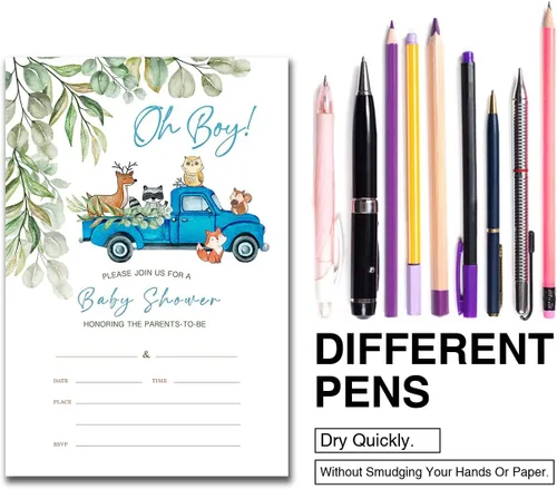 Miniatura 5 de YIDOU Woodland Blue Truck Boy Baby Shower Invitaciones para fiesta de Greenery Woodland Animal Rellenar tarjetas de invitaciones 20 invitaciones