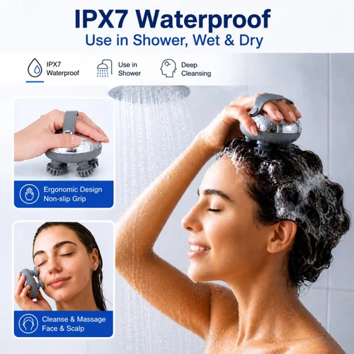 Miniatura 3 de Masajeador eléctrico portátil para cuero cabelludo con calor, recargable IPX7, impermeable, con 100 nodos de amasamiento, 3 modos de velocidad, 2