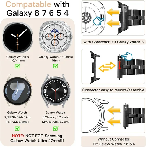 Miniatura 2 de Melyis Correa delgada de metal para Samsung Galaxy Watch 8 7 6 5 4 FE 1.575 in 1.732 in/Galaxy Watch 8 6 4 Classic, 0.787 pulgadas de acero
