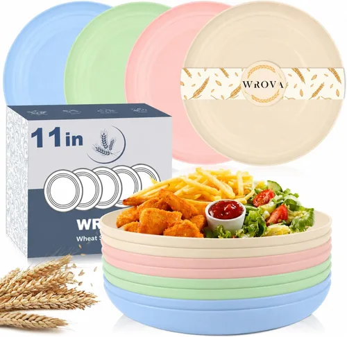 Miniatura 30 de Wrova Platos de paja de trigo – Juego de 8 platos llanos irrompibles de 8 pulgadas – Platos de plástico aptos para lavavajillas y microondas
