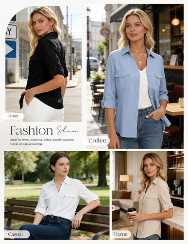 Miniatura 2 de GRACE KARIN Camisas con botones para mujer, cuello en V clásico, manga 3/4, blusas básicas elegantes sin arrugas