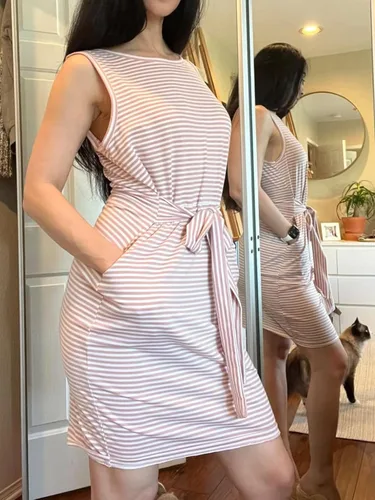 Miniatura 3 de IFFEI Mommy and Me - Vestidos de verano para mujer, sin mangas, a rayas, vestido casual con lazo en la cintura, mini vestidos familiares a juego