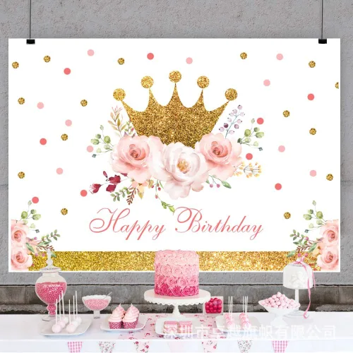 Miniatura 4 de Telón de fondo de feliz cumpleaños de 5 x 3 pies para niñas, corona dorada, fondo de fotografía floral rosa para decoración de fiesta de cumpleaños