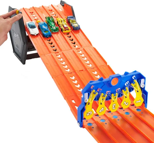 Miniatura 4 de Hot Wheels Track Builder Action, Pista de Carreras Desplegable, Juego de Pista con Pista de Carreras de 5 Carriles y Cubo de Almacenamiento