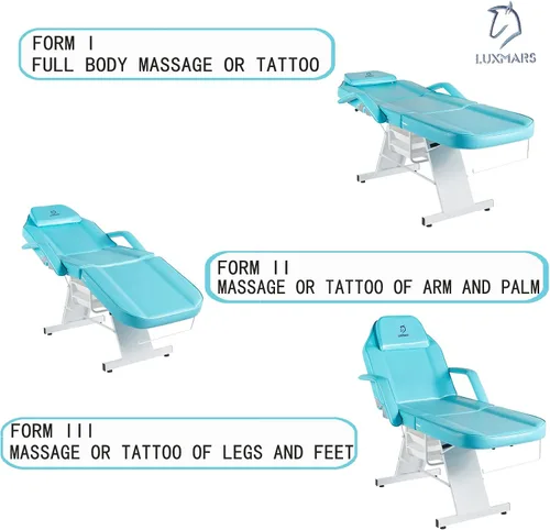 Miniatura 9 de Silla facial, silla de tatuaje de 73 pulgadas para cliente, mesa de masaje ajustable de 3 secciones con taburete, camas de belleza multiusos