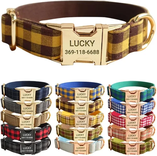Miniatura 19 de PETDURO Collar de Perro a Cuadros Personalizado Verde Manzana - Nombre y Número de Teléfono Grabados en Hebilla de Metal Oro Rosa - Personalizado