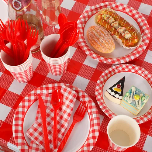 Miniatura 3 de Oudain 162 piezas de suministros de fiesta a cuadros para 20 invitados, 2 manteles a cuadros a cuadros, platos, vasos, servilletas, cuchillos