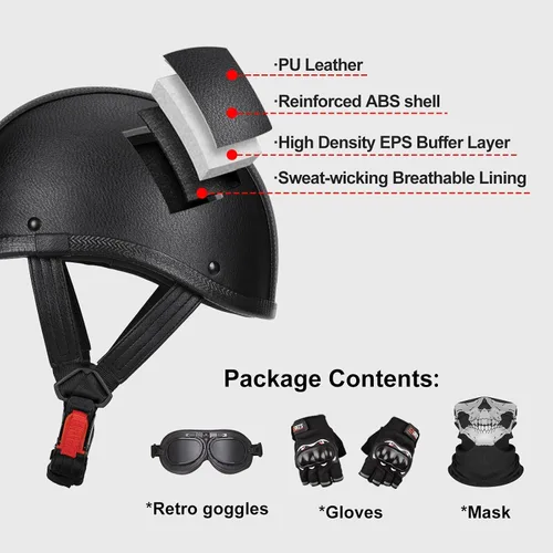 Miniatura 5 de Casco de motocicleta de cuero hecho a mano, casco retro de media cara para adultos, hombres y mujeres, casco ligero abierto 1/2 vintage