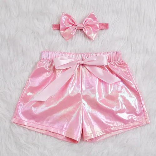 Miniatura 2 de ZYBOUTIC Pantalones cortos metálicos para niñas pequeñas, pantalones cortos brillantes de piel sintética de poliuretano, cintura elástica