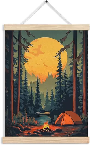 Miniatura 15 de Arte de pared para el hogar, bosque rústico, fogata, campamento, arte de pared, paisaje de naturaleza de montaña oscura, escena nocturna, lienzo