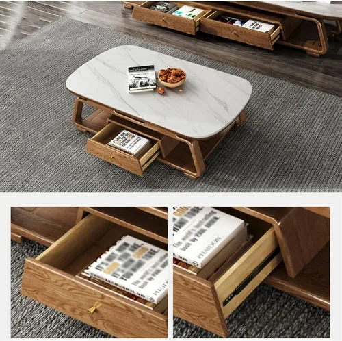 Miniatura 6 de Mesa de té para sala de estar, moderna mesa de centro de lujo, parte superior de pizarra y marco de madera de fresno, mesa central ovalada grande