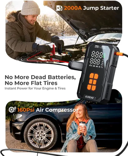 Miniatura 8 de Arrancador de 2000 A con compresor de aire, arrancador de batería de automóvil portátil con inflador de neumáticos de apagado automático de 160 PSI