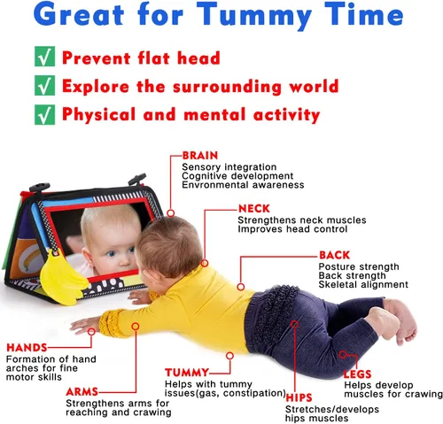 Miniatura 2 de Espejo para bebé Tummy Time, juguetes para bebés recién nacidos de 0 a 3 meses, desarrollo cerebral con libro de tela arrugada, mordedor