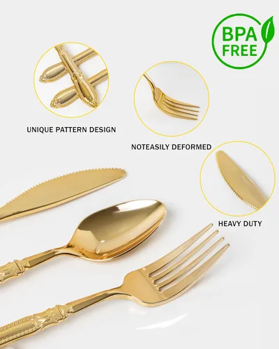 Miniatura 5 de Nervure Juego de cubiertos de plástico dorado de 90 piezas, juego de cubiertos desechables resistentes, utensilios de plástico dorado de lujo que