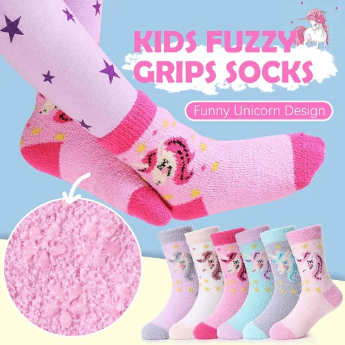 Miniatura 2 de ANTSANG Calcetines mullidos con agarres antideslizantes para niños y niñas, calcetines mullidos y acogedores de felpa cálidos, paquete de 6