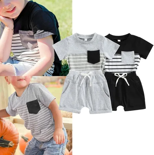 Miniatura 29 de Conjunto de traje de verano para bebé niño pequeño, manga corta, cuello redondo, letras impresas, lindo traje de verano, conjunto de 2 piezas