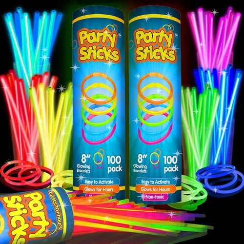 Glow Sticks - Suministros de fiesta de neón a granel, 200 palillos brillantes de neón de 8 pulgadas con conectores para collares brillantes y