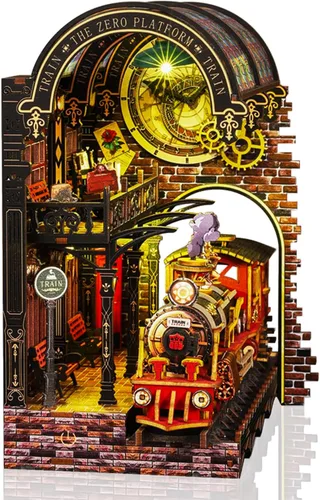 Kit de rincón de libro, kit de casa en miniatura para adultos, rompecabezas LED 3D estación mágica, kit de rincón de libros, fabricado en madera de