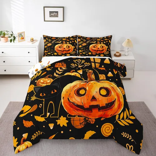 Miniatura 11 de Erosebridal Juego de edredón de Halloween para niños, tamaño individual, juego de ropa de cama de calavera de azúcar para decoración de habitación