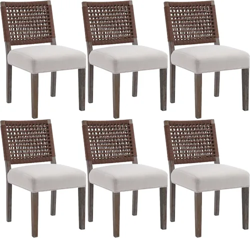 Miniatura 17 de chairus Juego de 2 sillas de comedor tapizadas, sillas de comedor costeras bohemias con respaldo de cuerda tejida de nogal marrón, patas de madera