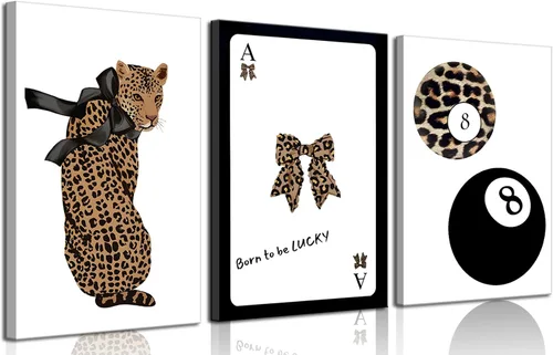 Miniatura 12 de Conjunto de 3 modernos pósteres de pared de leopardo en lona con bola de la suerte número 8, arte de pared elegante, decoraciones de pared
