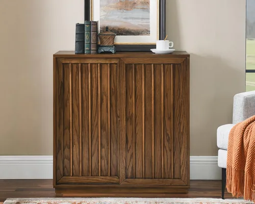 Miniatura 13 de LKTART Aparador de buffet moderno de mediados de siglo, aparador estrecho de nogal, armario de almacenamiento de madera Credenza con 2 puertas