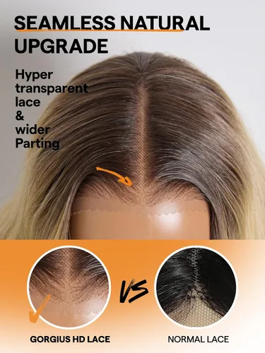 Miniatura 2 de GORGIUS Peluca lacia sin pegamento Ombre rubia ondulada HD con encaje frontal transparente, lista para usar, prediseñado, elaborado con tecnología