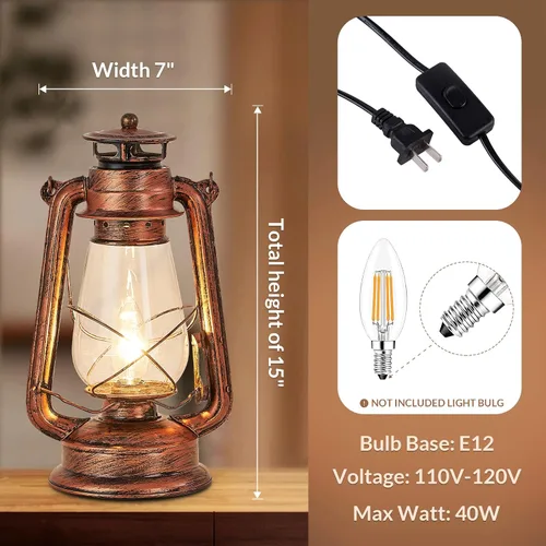 Miniatura 3 de NOXARTE Lámpara de mesa rústica con diseño de farol antiguo enchufable, luz nocturna perfecta para dormitorio, sala de estar, 15 pulgadas de alto x