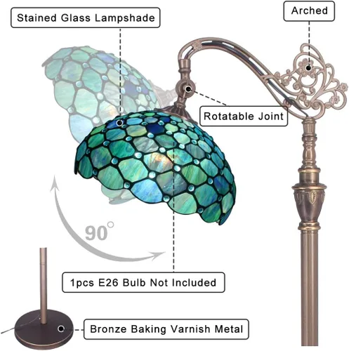 Miniatura 5 de Lámpara de Pie Tiffany de Vidrio Emplomado 18.88X12X67 Pulgadas Ángulo Ajustable Cuello de Ganso Arqueado Luz de Lectura Antigua (Perla Azul Marino)